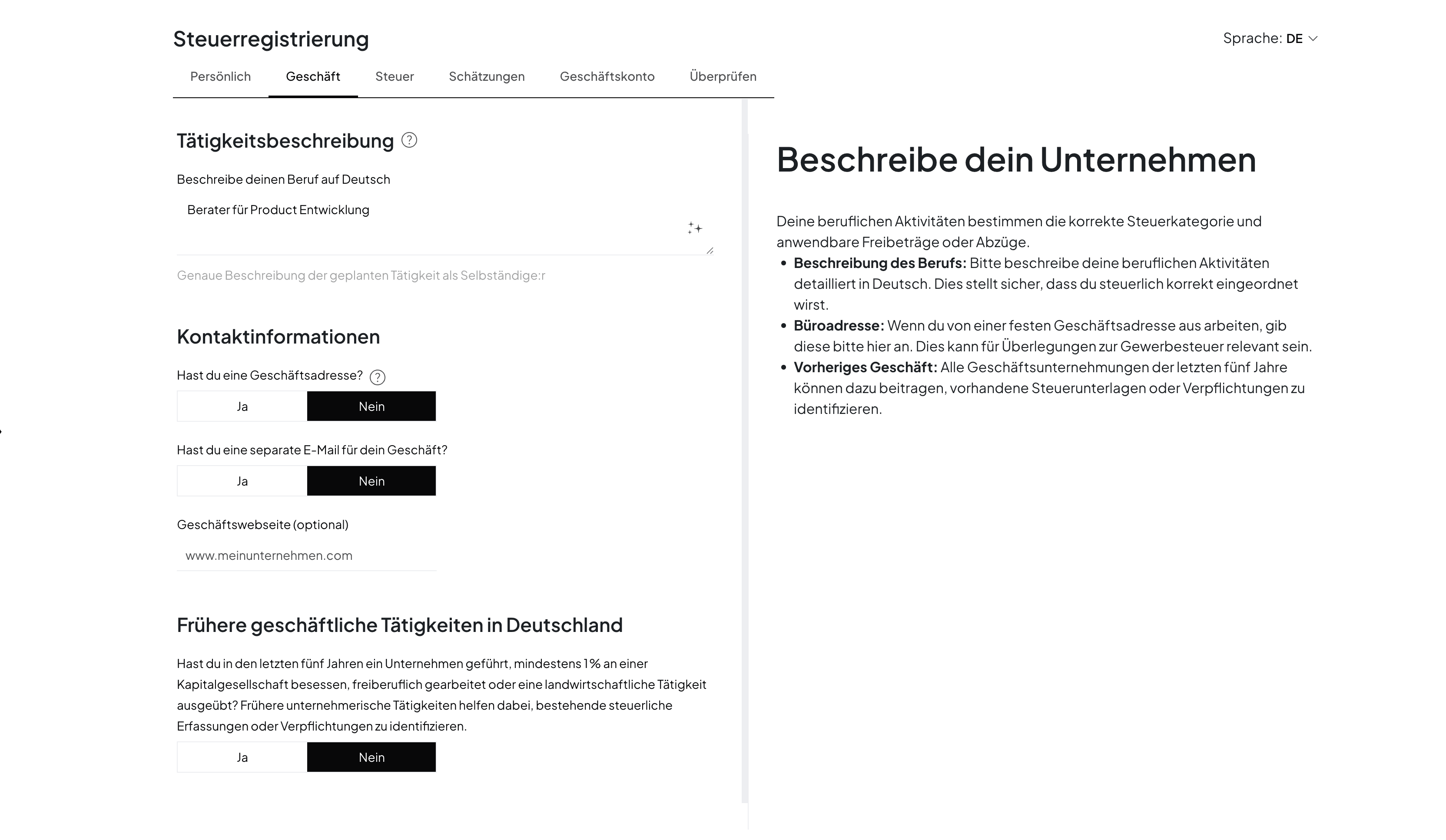 Geführte Steuerregistrierung in Norman: der Abschnitt Tätigkeitsbeschreibung des Fragebogens zur steuerlichen Erfassung
