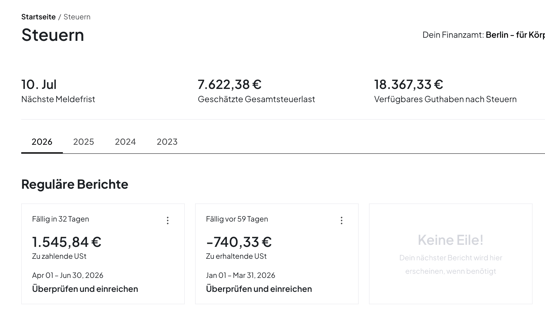 Norman tax dashboard showing estimated total tax liability and available balance after taxes