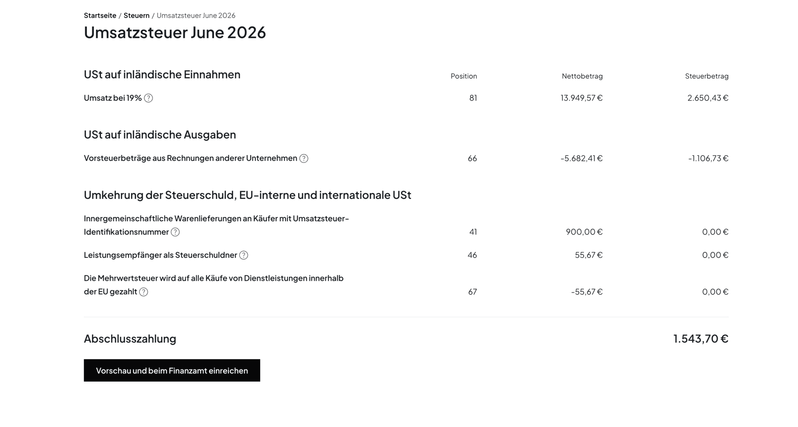 Norman-Oberflaeche: automatisch erstellte Umsatzsteuervoranmeldung mit Kennzahlen 81 und 66 und der berechneten Abschlusszahlung